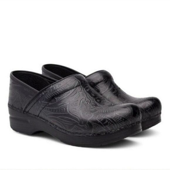 Dansko Professional Black Tooled Leather Stapled Slip-on Nursing Boho Clogs 40 - Picture 1 of 9